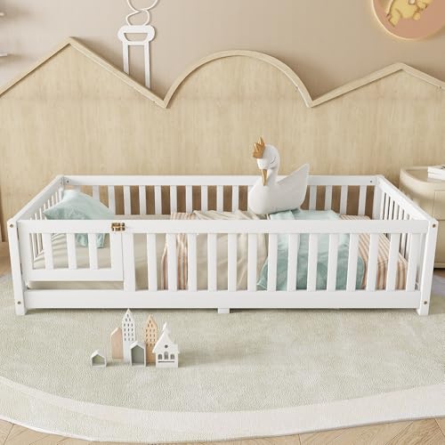 Twin Montessori Floor Bed Frame with Fence, Door, and Wood Slats