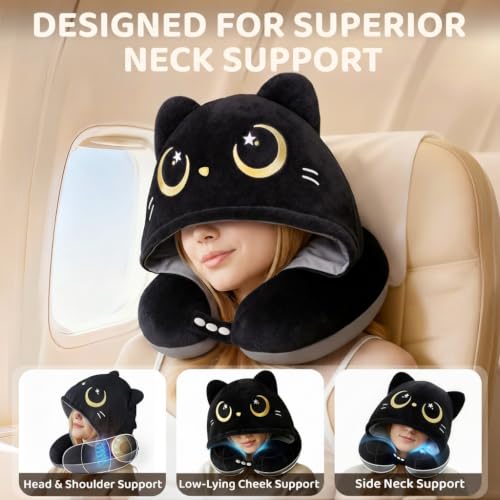 Travel Neck Pillow with Hood - Memory Foam, Adjustable, Washable, Gray
