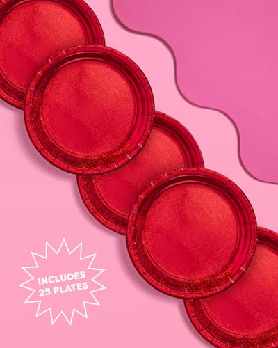 Red Foil Party Plates 25 Pack - Shimmer Disposable Cake & Celebration Tableware