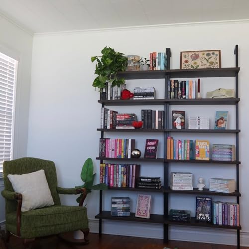 6-Tier Industrial Wall Mount Bookcase, Wood and Metal Open Shelf Set of 2