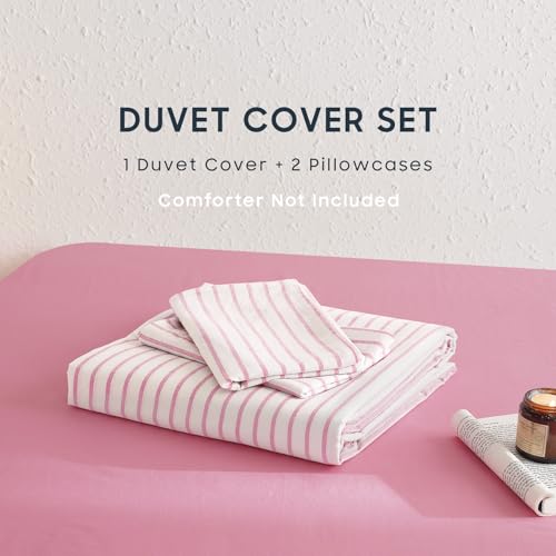 Pink Striped Cotton Duvet Cover Set - Queen Farmhouse 3-Piece Bedding
