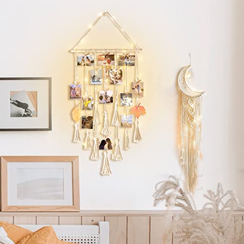 Macrame Hanging Photo Display with Moon Dream Catcher and LED Fairy Lights