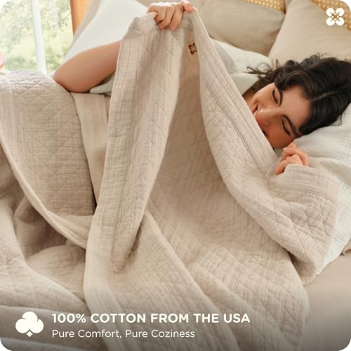 100% Cotton Muslin Blanket - 8-Layer King Size, Linen Beige