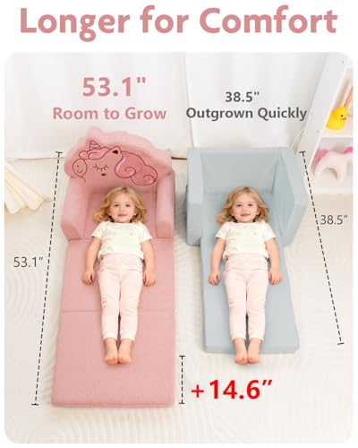 2-in-1 Fold Out Kids Couch, Pink Unicorn Toddler Lounger Chair