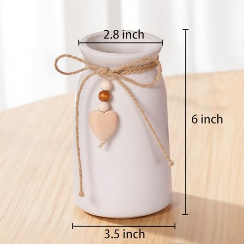 6-Inch White Ceramic Vase with Jute Rope & Heart Charm for Boho Decor