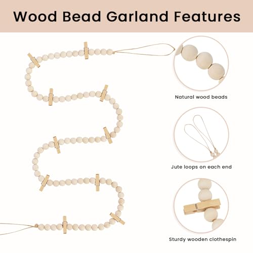Bohemian Wood Bead Photo Display Garland with 10 Clips, 54.8-inch Wall Decor