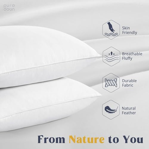 puredown Goose Feather & Down Bed Pillows Set of 2 - 100% Cotton Cover