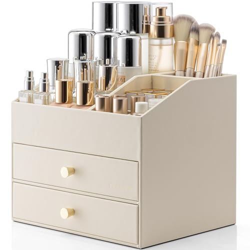 VLANDO Beige 3-Layer Makeup Organizer with 2 Large Drawers & Removable Lipstick Holder
