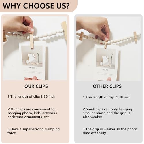 Boho Wood Bead Hanging Photo Display with 9 Clips, 55-inch Wall Decor