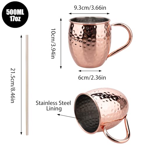 TJ Moscow Mule Mugs Rose Hammered Set of 4, 17 oz Copper Cup w/ GoldenHandle