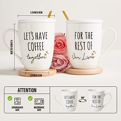 Lets Have Coffee Wedding Gift Set for Couples - 2 Ceramic Mugs, Gift Box, Coasters & Lids