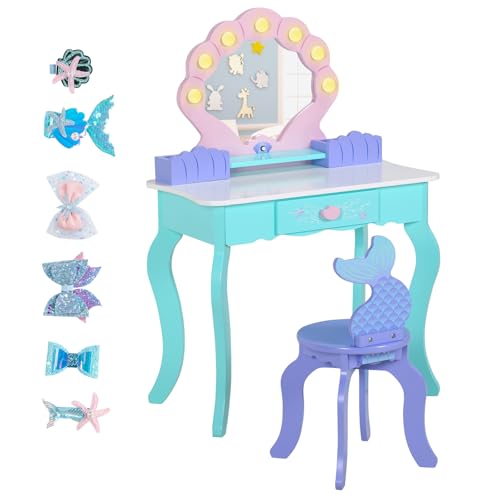 Kids Vanity Table and Chair Set with Lighted Mirror - Ocean Theme