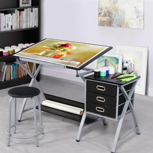 Adjustable Drafting Table with Storage Drawers and Padded Stool