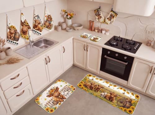10-Piece Highland Cow Kitchen Decor Set with Sunflower Towels and Oven Mitts