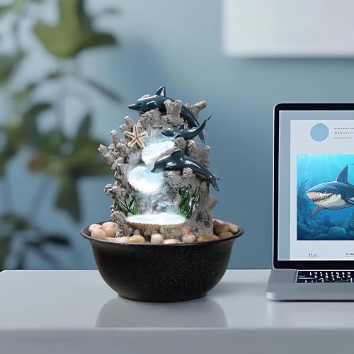 Indoor Dolphin Tabletop Water Fountain with LED Light & River Rocks