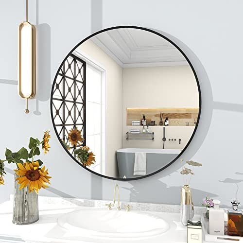 30-Inch Round Wall Mirror with Brushed Metal Frame, Black Circle Mirror