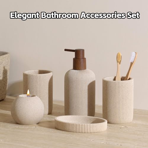 5-Piece Bathroom Accessory Set, Sandstone-Look Resin Bath Organizer