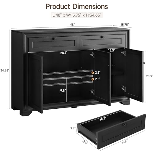 48-Inch Sideboard Buffet Cabinet with Drawers and Shelves, Black