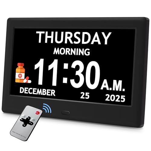 Flyruit 7'' Black Dementia Clock for Seniors Large Display Digital Calendar