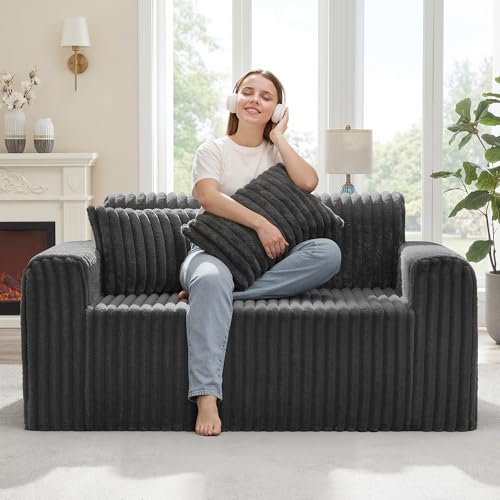 2-Seater Faux Fur Loveseat Sofa with Lumbar Pillows - Compact Foam Couch