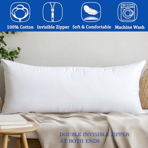 100% Cotton Body Pillow Cover with Double Zipper - 20x54 inches