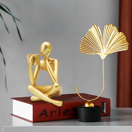 Gold Reading Woman Statue, Abstract Thinker Sculpture for Home Decor