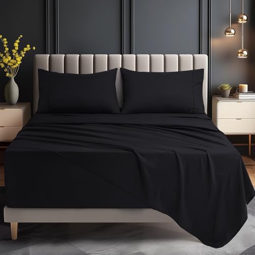 Utopia Bedding Deep Pocket Queen Sheet Set ? Fits Mattresses Up to 21 inches ? Cooling, Soft & Breathable ? Oeko-TEX 4 Piece Bed Sheets (Black)