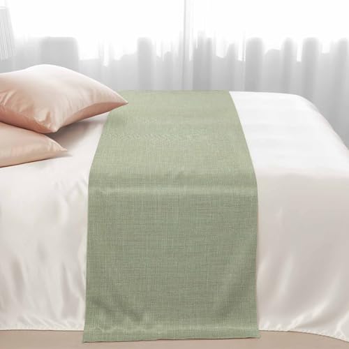 Sage Green Burlap Texture Bed Runner Scarf - 71x20 In Farmhouse Decor