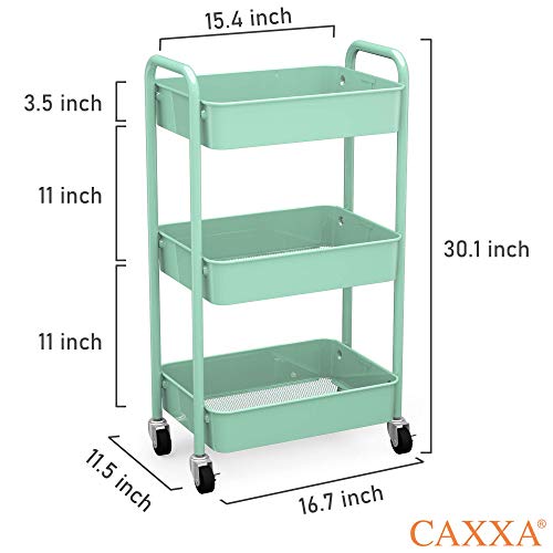 3-Tier Rolling Metal Utility Cart - Mobile Storage Organizer, Aqua Green