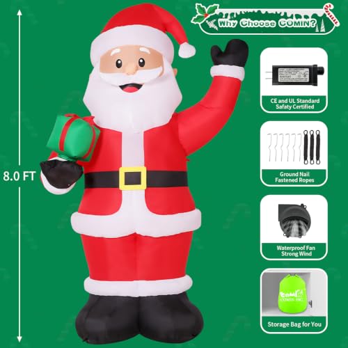 8FT Santa Inflatable Christmas Decor with Rotating Gift & Lights