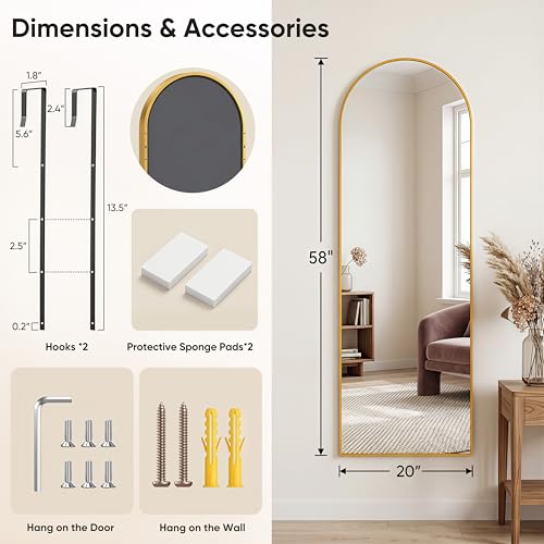 58" x 20" Arched Full Length Mirror, Over-the-Door or Wall Mounted Mirror
