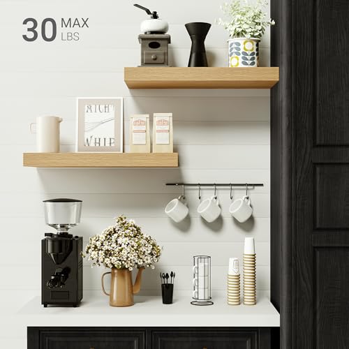 16-Inch Floating Wall Shelves, Set of 2 Rustic Oak Wood Storage Ledges