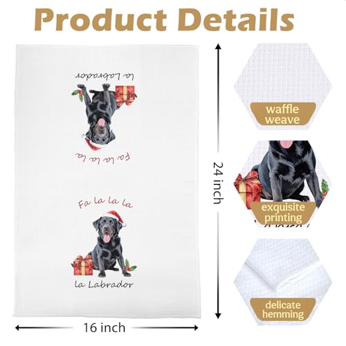 Christmas Black Labrador Kitchen Towels - Funny Dog Gift Waffle Dish Towel, 16x24 Inches