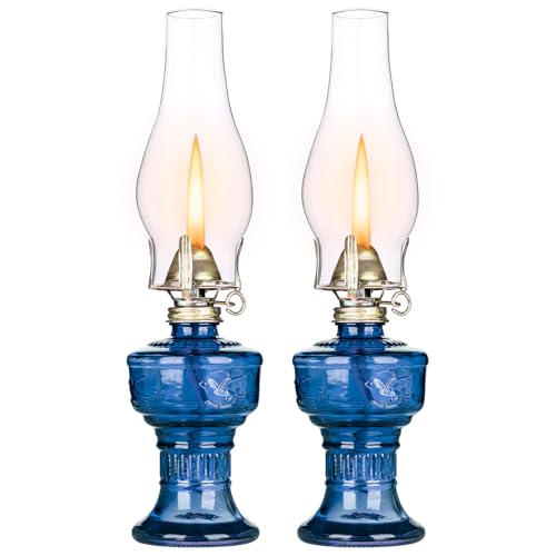 Vintage Glass Hurricane Oil Lamp Set of 2 - 13 Inch Indoor Kerosene Lanterns