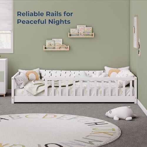 Twin Montessori Floor Bed Frame with Guardrails, Solid Wood Kids Bed