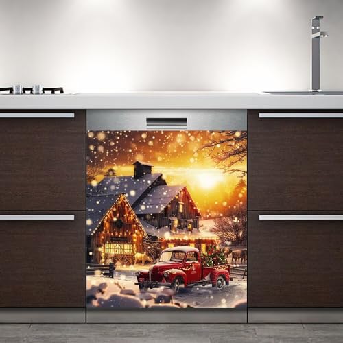 Christmas Red Truck Sunset Wallpaper Magnetic Kitchen Decor - 23W x 26H inches (Variation: Red Truck 4)
