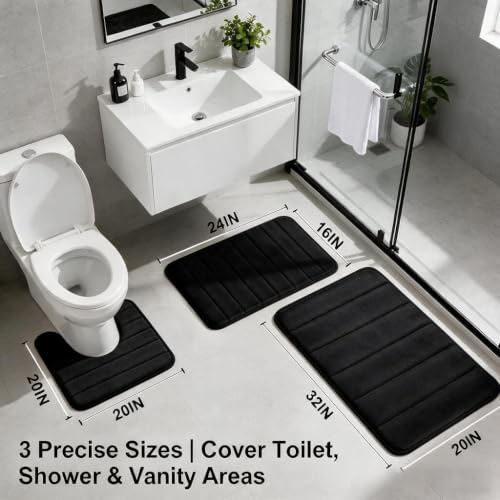 RUN HELIX 3-Piece Memory Foam Bathroom Rug Set Non-Slip Black