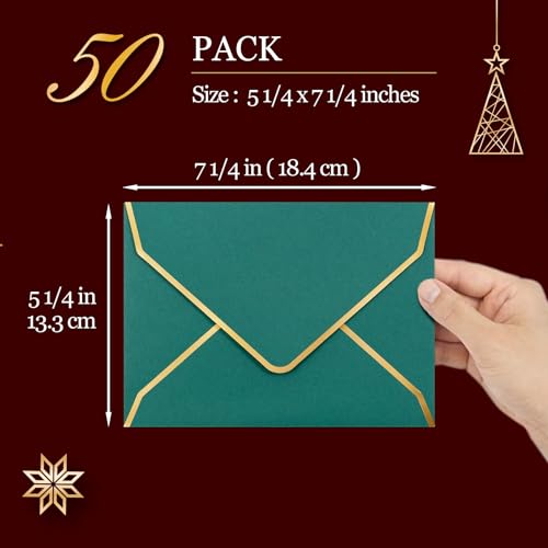 MATICAN 50-Pack A7 Invitation Envelopes with Gold Foil Borders, 5.25 x 7.25 in, Red & Green Christmas Colors