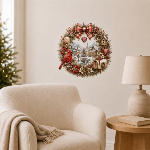 Christmas Wreath Wall Decal - Cardinal Winter Village Scene, 13.8 Inch, Peel & Stick Holiday Decor