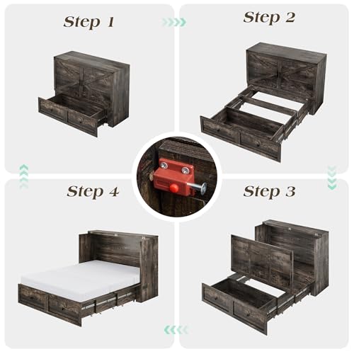 Queen Murphy Bed with Memory Foam Mattress, Storage Drawer & Charging Station
