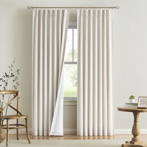 Natural Linen Blend Pinch Pleat 100% Blackout Curtains - 2 Panels, 40"x90"
