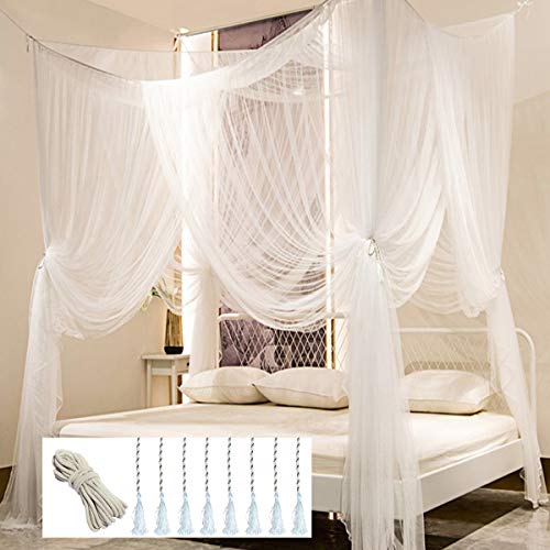 White Bed Canopy Mosquito Net - 4-Post Canopy Curtains for Full Queen King Beds