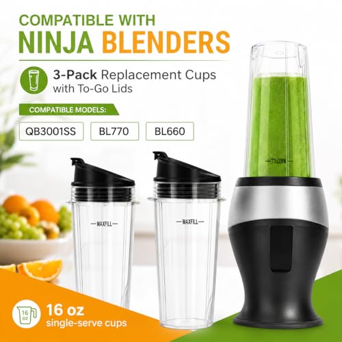 16 oz Blender Replacement Cups with Lids - 3 Pack, 4-Tab Design