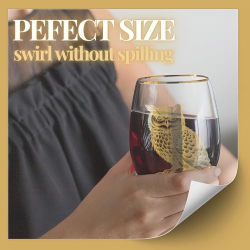 Onebttl 18oz Stemless Owl Wine Glass with Gold Details - Perfect Gift for Owl Lovers