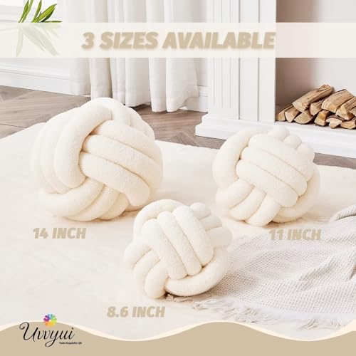 Soft Handmade Knot Pillow - Round Plush Boucle Cushion (8.6" Ivory)