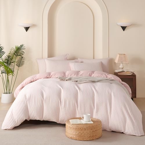 Queen Duvet Cover Set - Striped Pink Microfiber, 3 Pieces