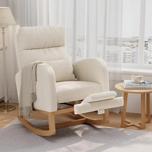 GarveeHome White Nursery Glider Chair with Footrest & Teddy Cover — Ergonomic Rocking Chair for Nursing & Relaxing