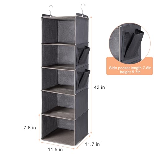 5-Tier Hanging Closet Organizer with Side Pockets Grey