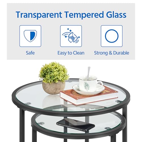 2-Piece Round Nesting Side Table Set with Tempered Glass Top
