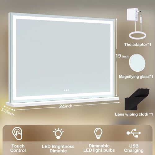 Gvnkvn 24x19 Inch Square White LED Makeup Vanity Mirror with USB Charging & 10X Magnification
